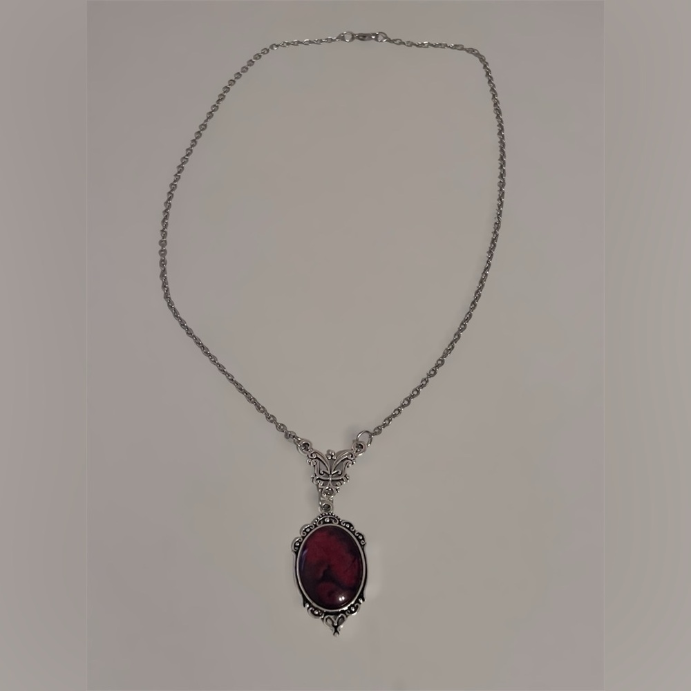 ✨Silver Necklace | Deep Burgundy Oval Pendant